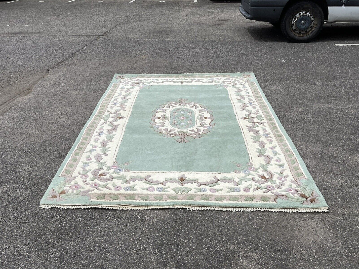 Pair Of Green  & White Rugs, 9x 6 Feet. Handmade With 100 % Wool. Deep Pile.