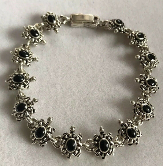 Vintage Silver Tone Black Enamel Turtle Bracelet