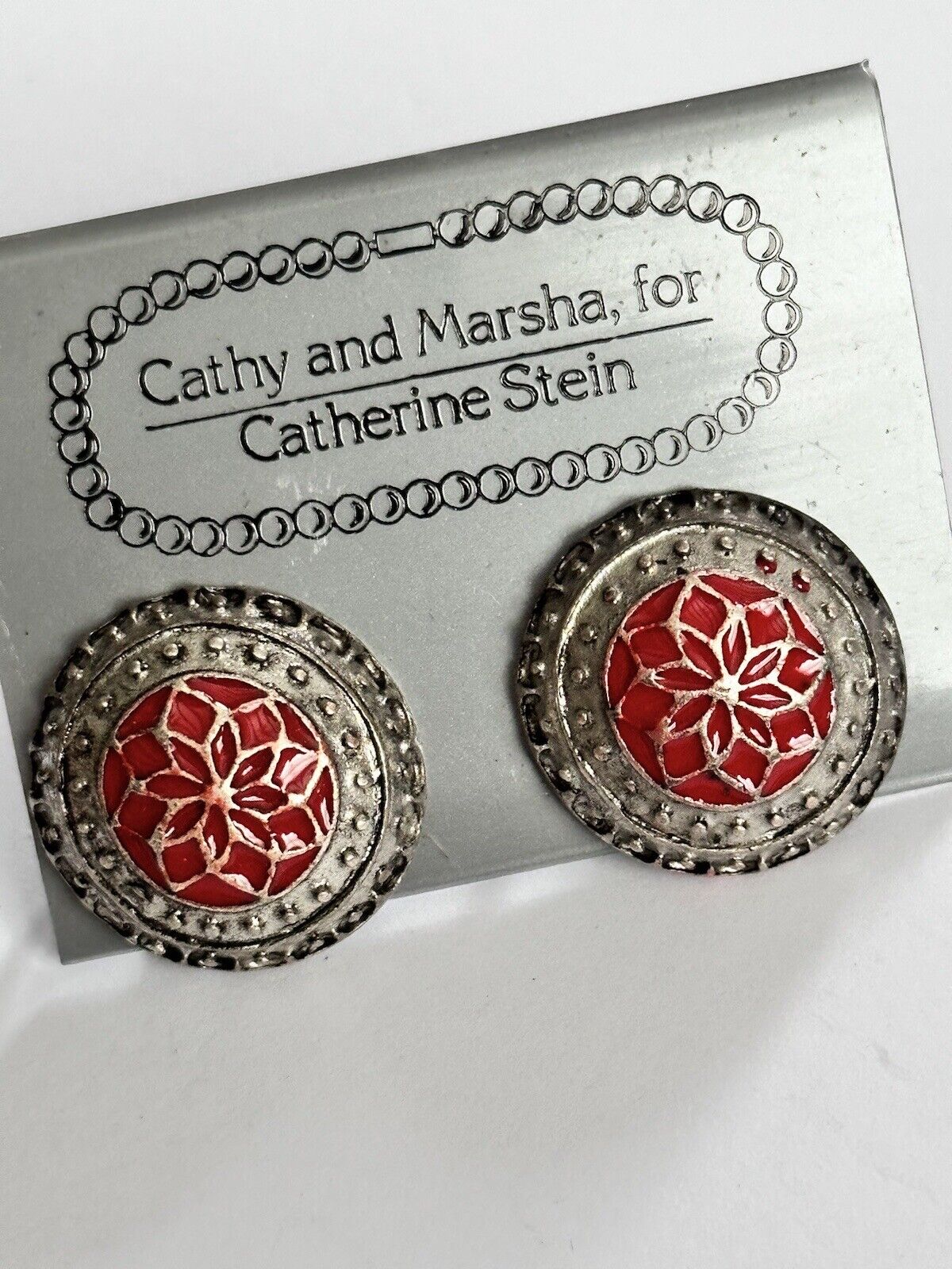 Vintage 1980s Cathy And Marsha For Catherine Stein Red Enamel Clip On Earrings