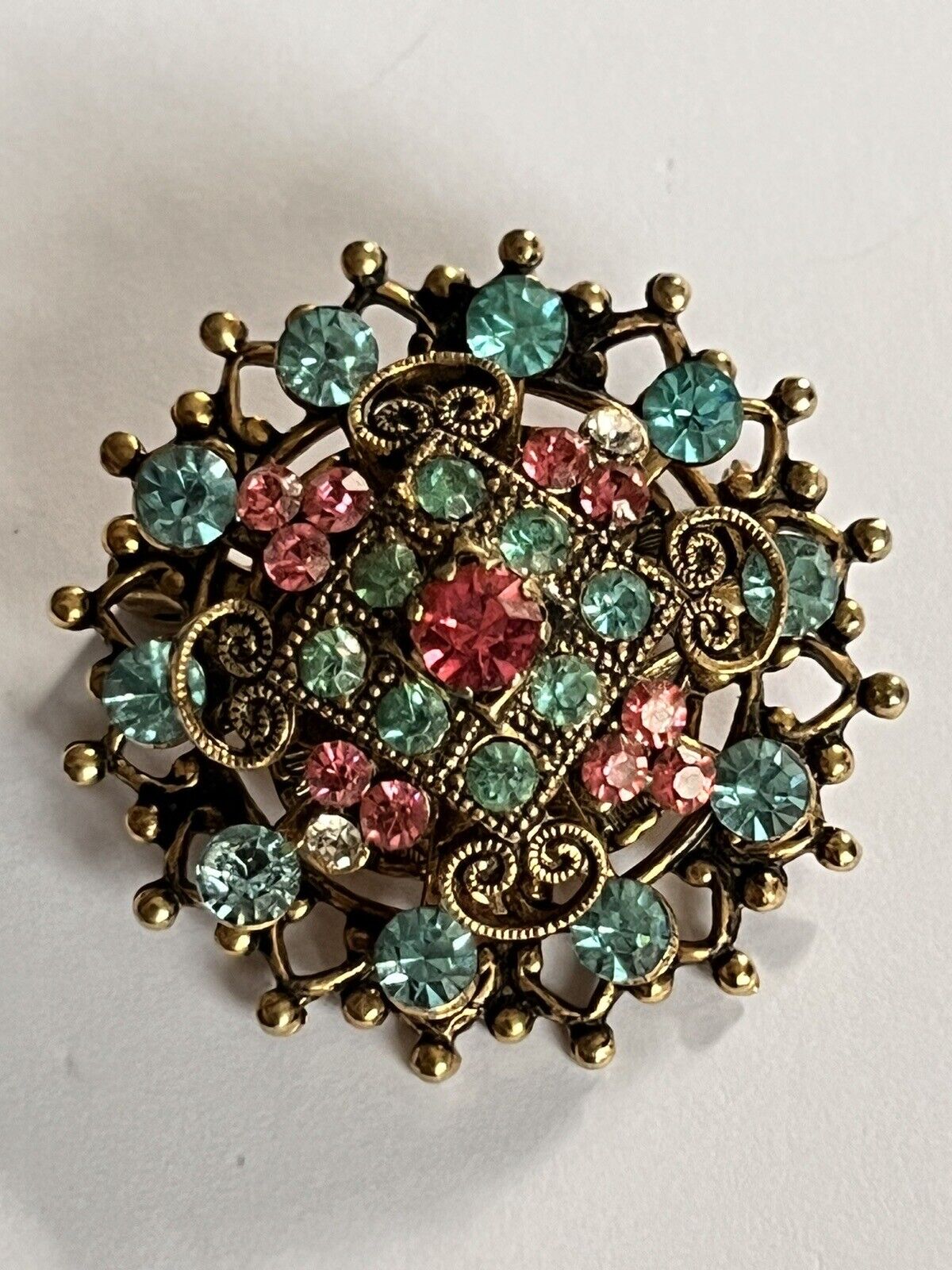 Vintage Signed Coro Blue Pink Clear Diamanté Detailed Brooch