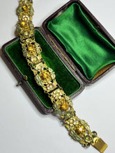 Vintage Gold Tone Filigree Diamanté Pink Orange Green Flowers Bracelet