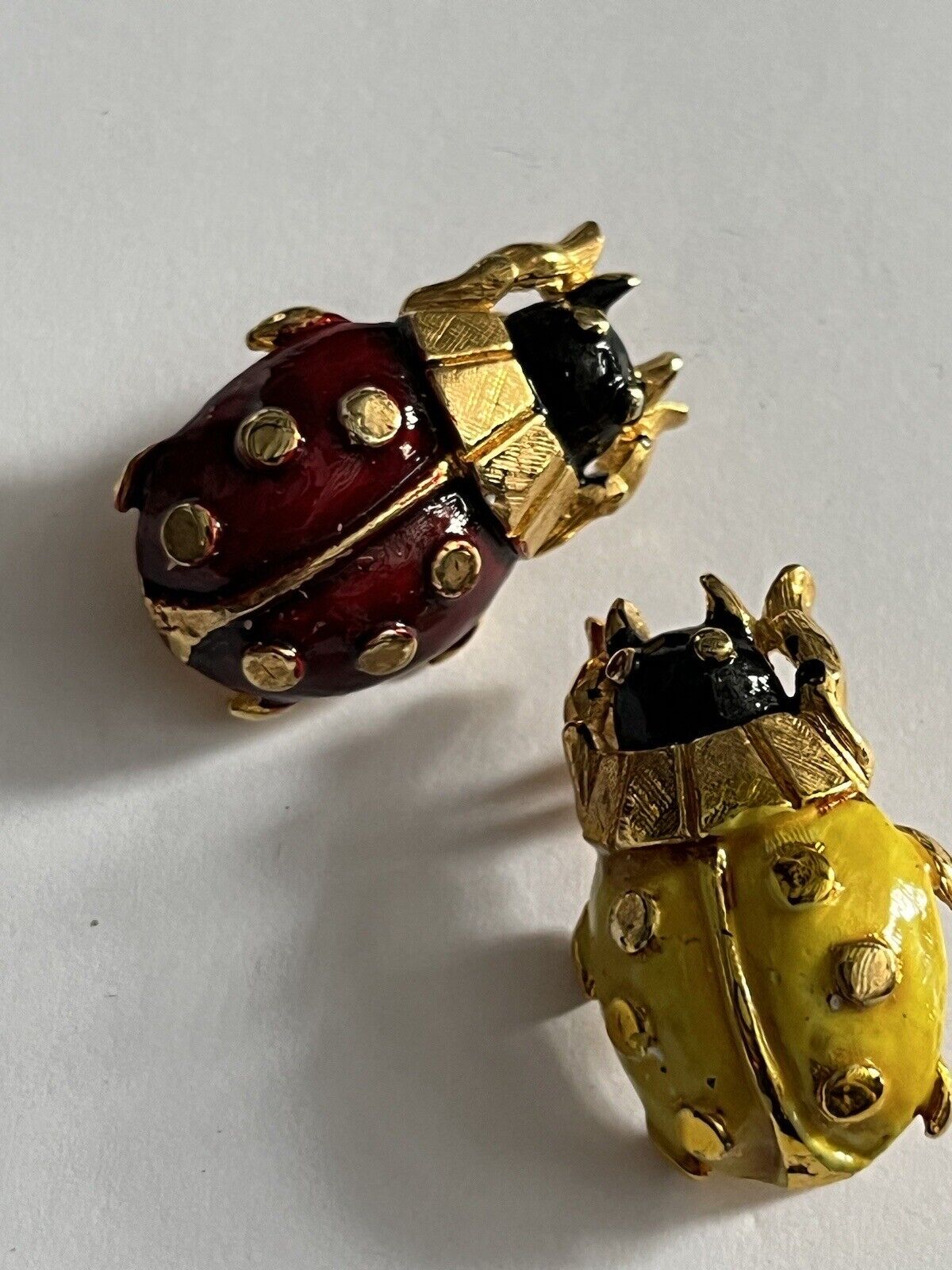 Vintage Ladybird Red Yellow Enamel Set Of 2 Brooches