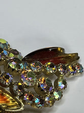 Vintage Red Glass Aurora Borealis Signed Gold Tone Brooch