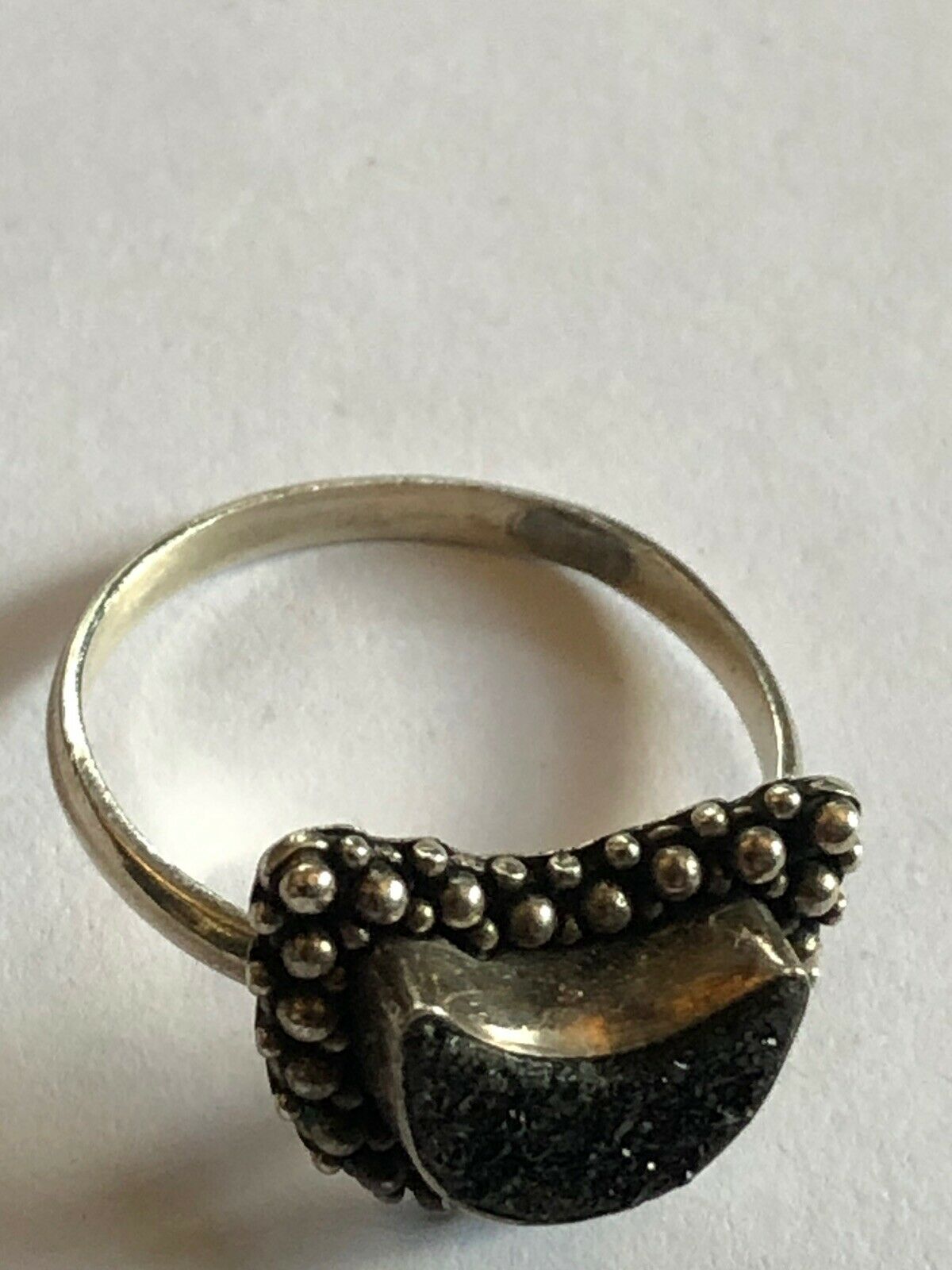 Vintage Sterling Silver Black Diamond Chip Half Moon Ring Size O