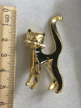 Vintage Gold Tone Black Enamel Winking Cat Brooch