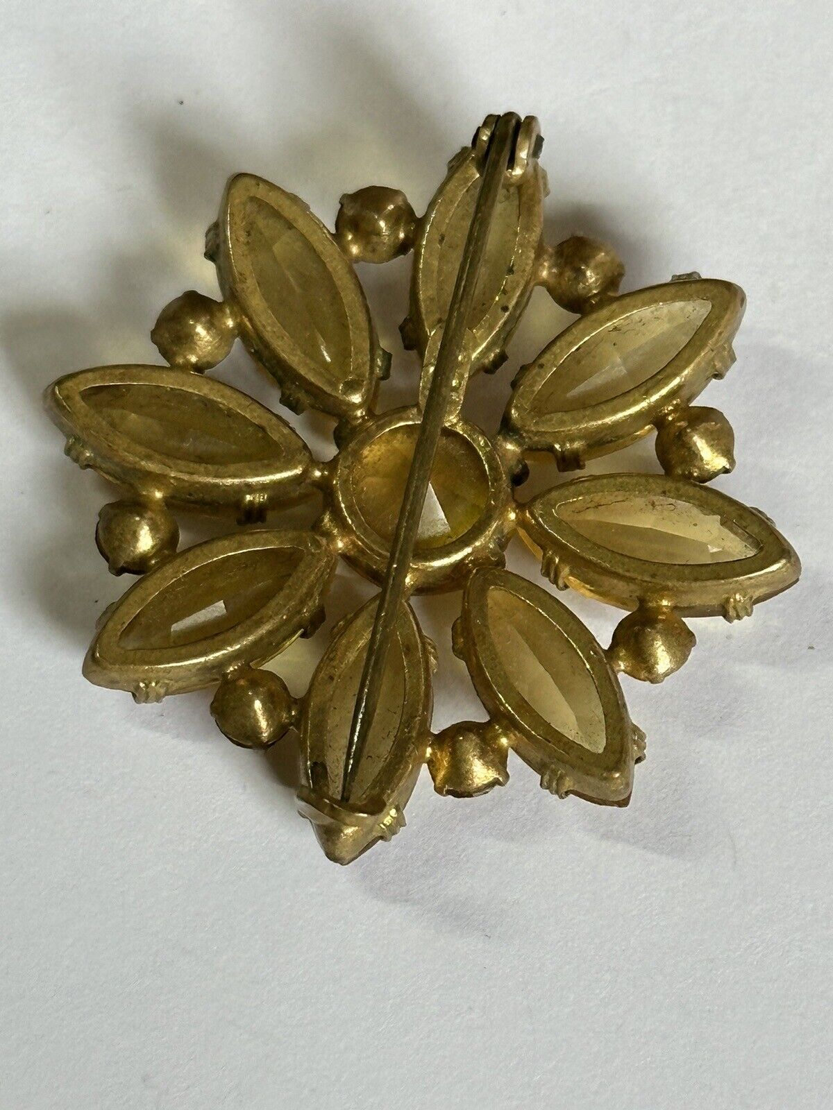 Vintage Old Yellow Glass Stone Flower Brooch