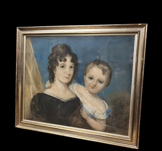 Portrait Chalk Painting Of A Mother And Child, Extremely Well Drawn.
