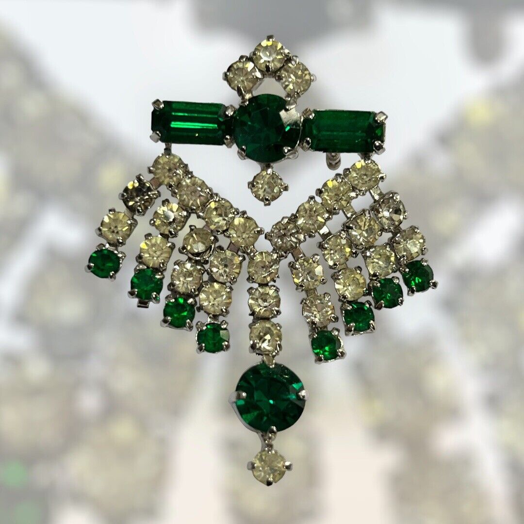 Vintage Silver Tone Green White Paste Brooch
