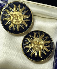 Vintage Gold Tone Blue Enamel Sunburst Clip On Earrings