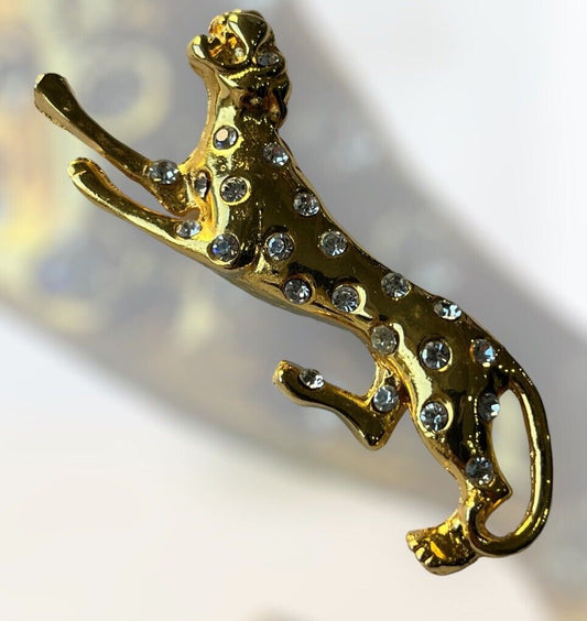 Vintage Gold Tone Diamanté Panther Leopard Brooch