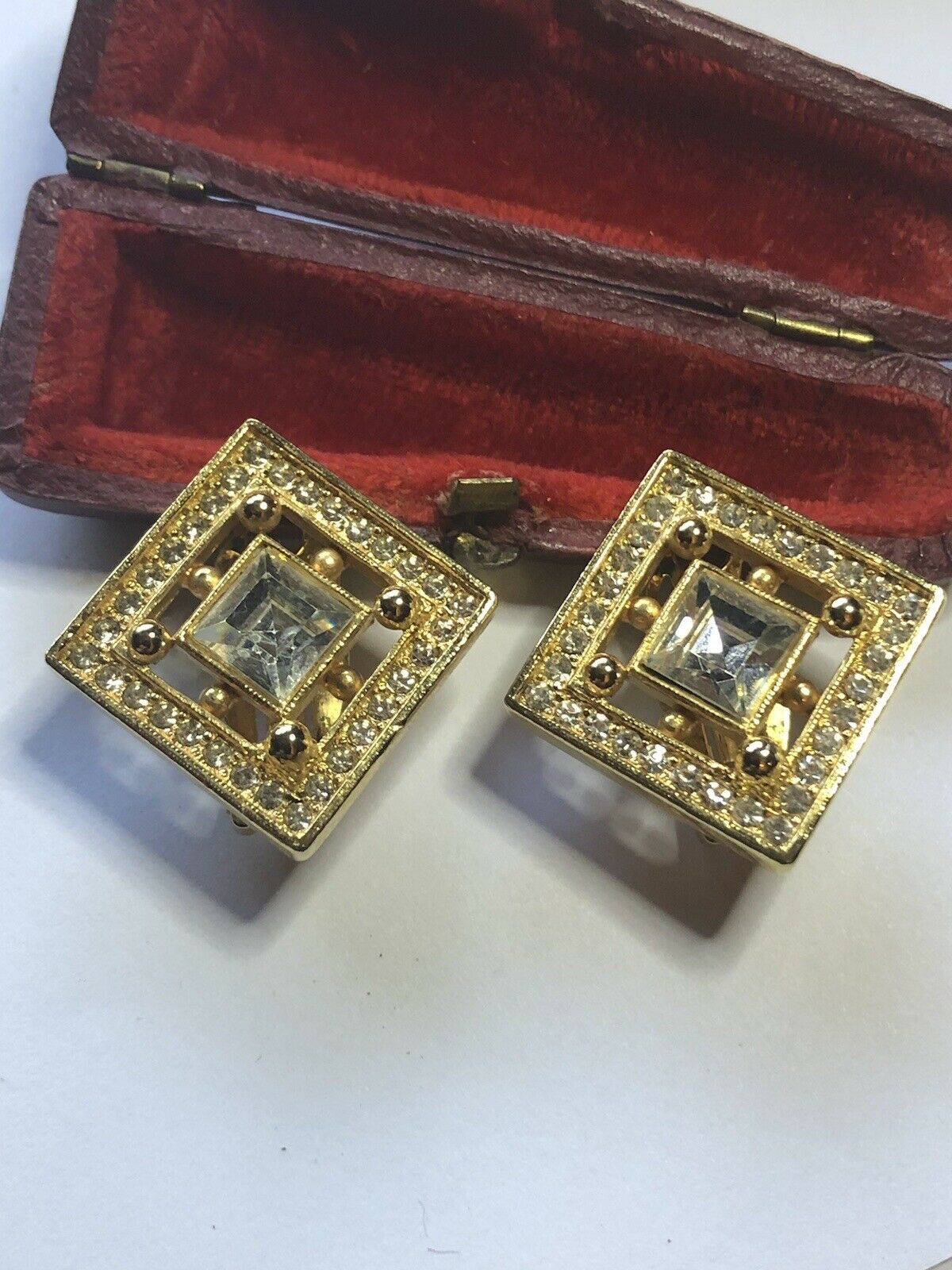 Vintage Clear Diamanté Square Clip On Earrings