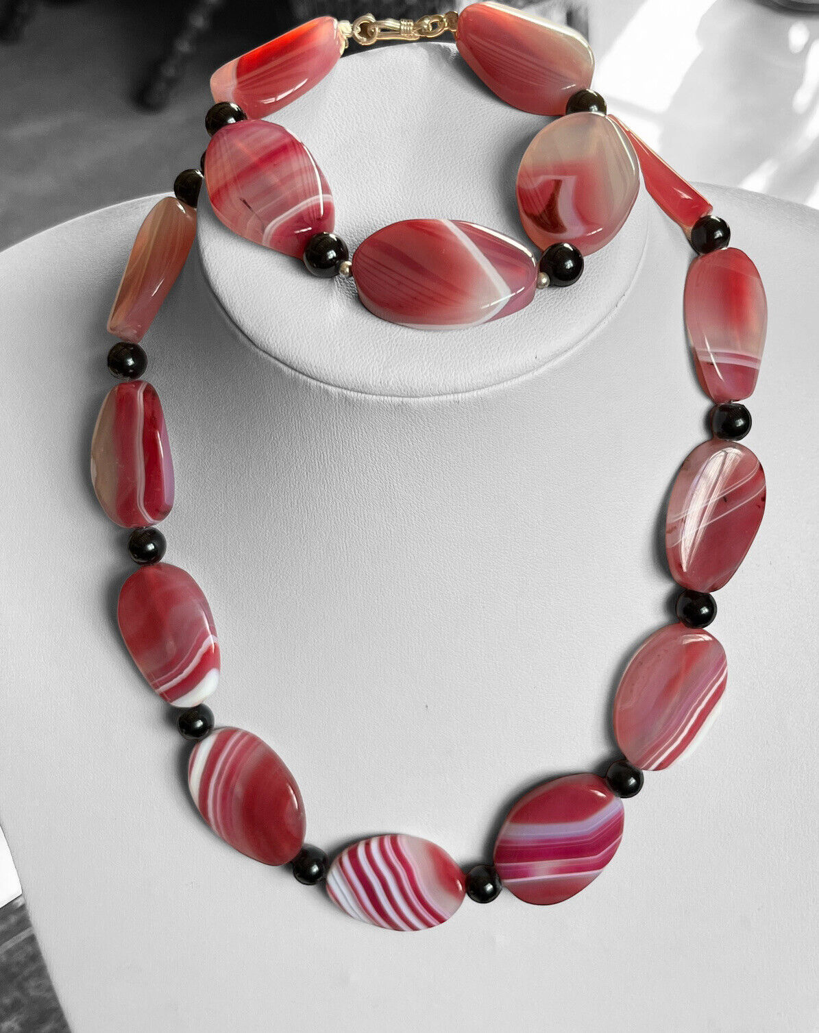 Vintage Pink Agate Stone Necklace Bracelet Set Statement Pieces