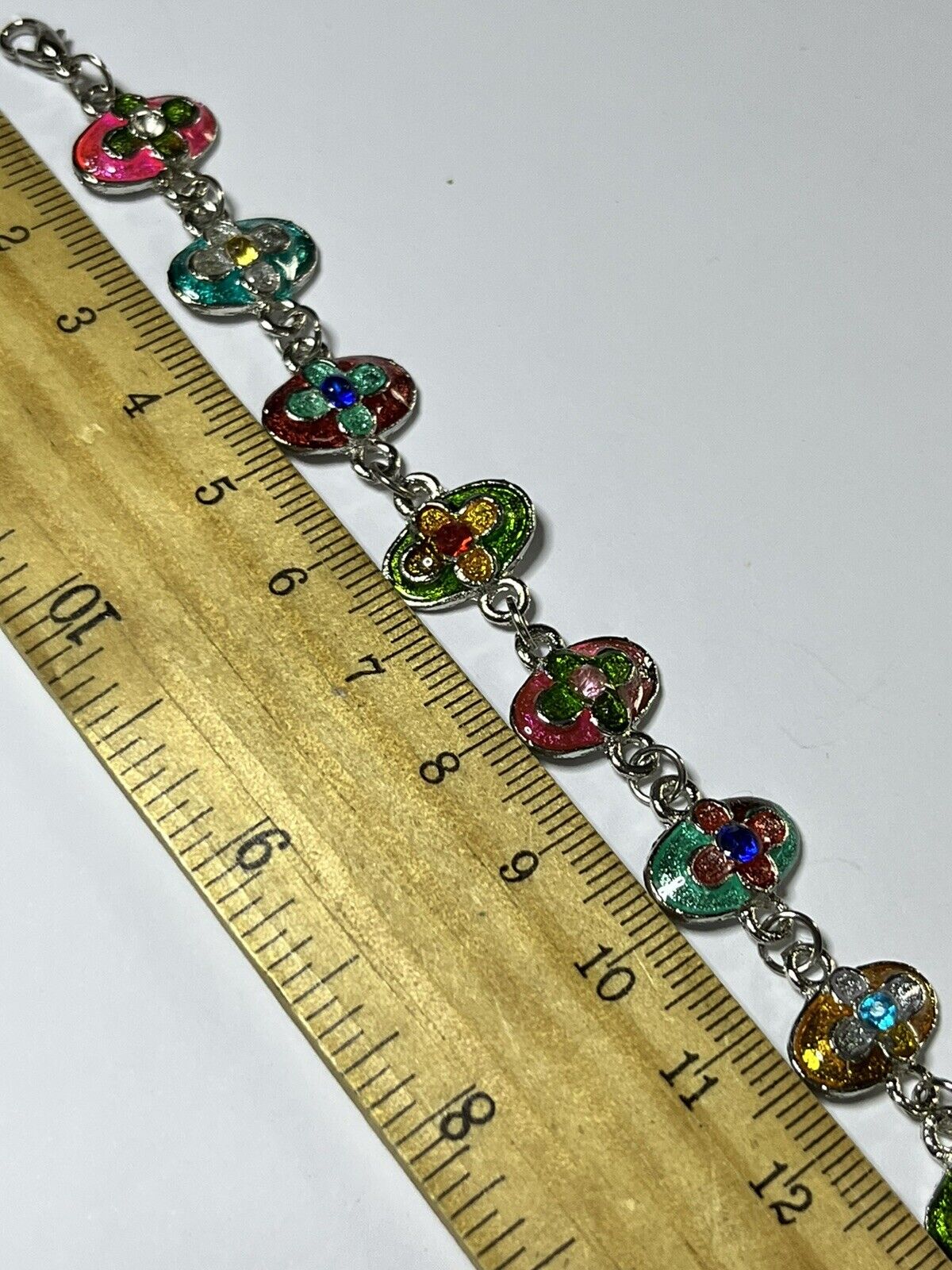 Vintage Silver Tone Enamel Multicoloured Flowers Bracelet