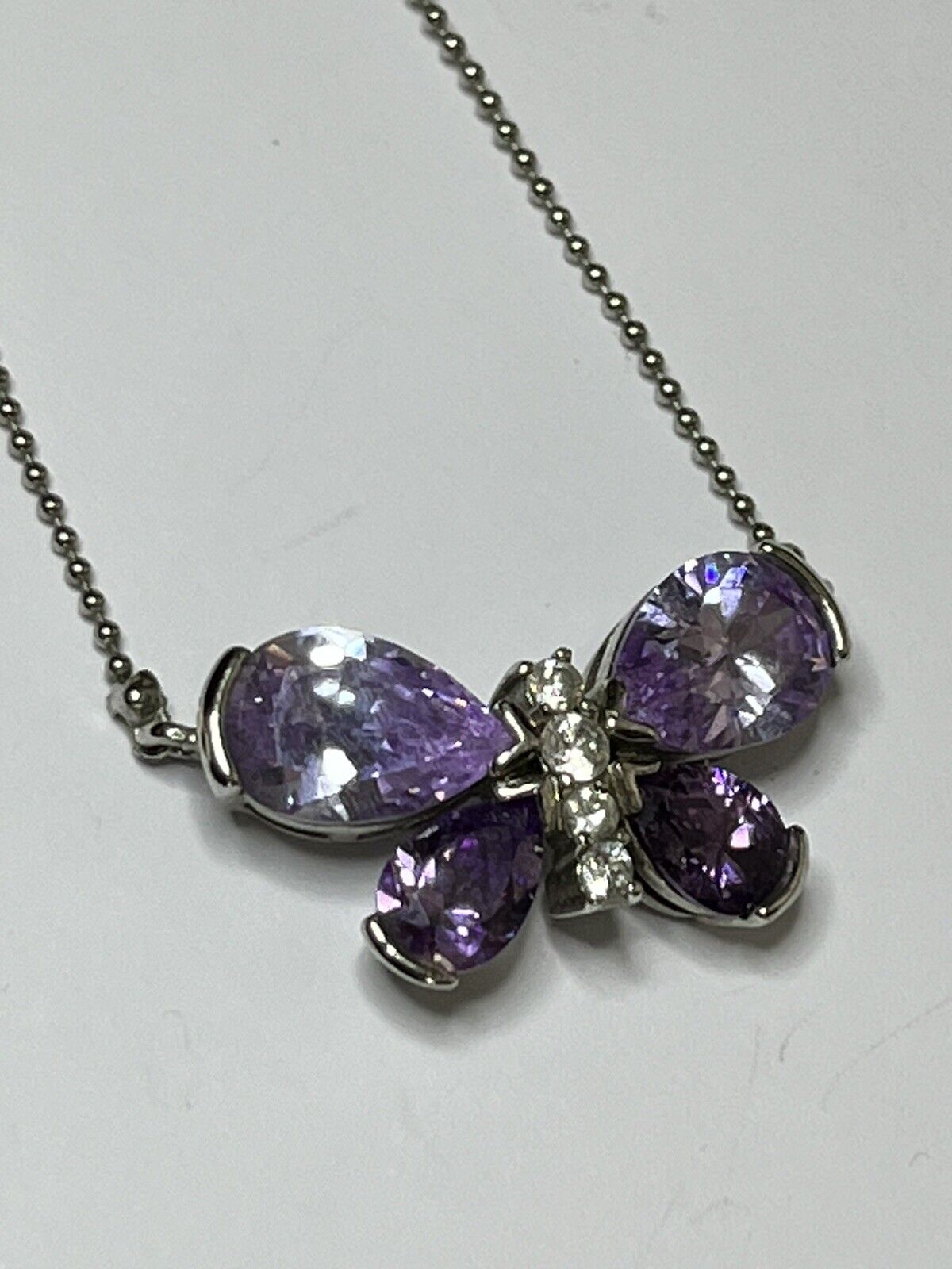 Vintage Rhodium Plated Purple Crystal Diamanté Butterfly Necklace