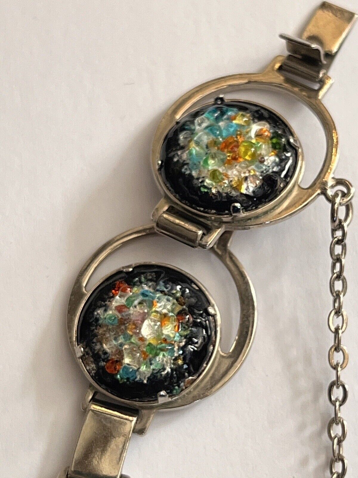 Vintage Multicoloured Glass Silver Tone Bracelet Safety Chain