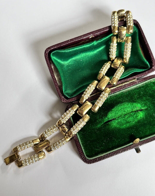 Vintage 1980s Gold Plated Diamanté Link Bracelet