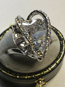Vintage Rhodium Plated 3D Heart Cubic Zirconia Statement Ring