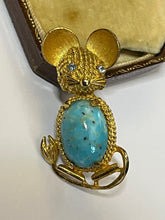 Vintage Gold Tone Turquoise Jelly Belly Mouse Brooch Signed Art
