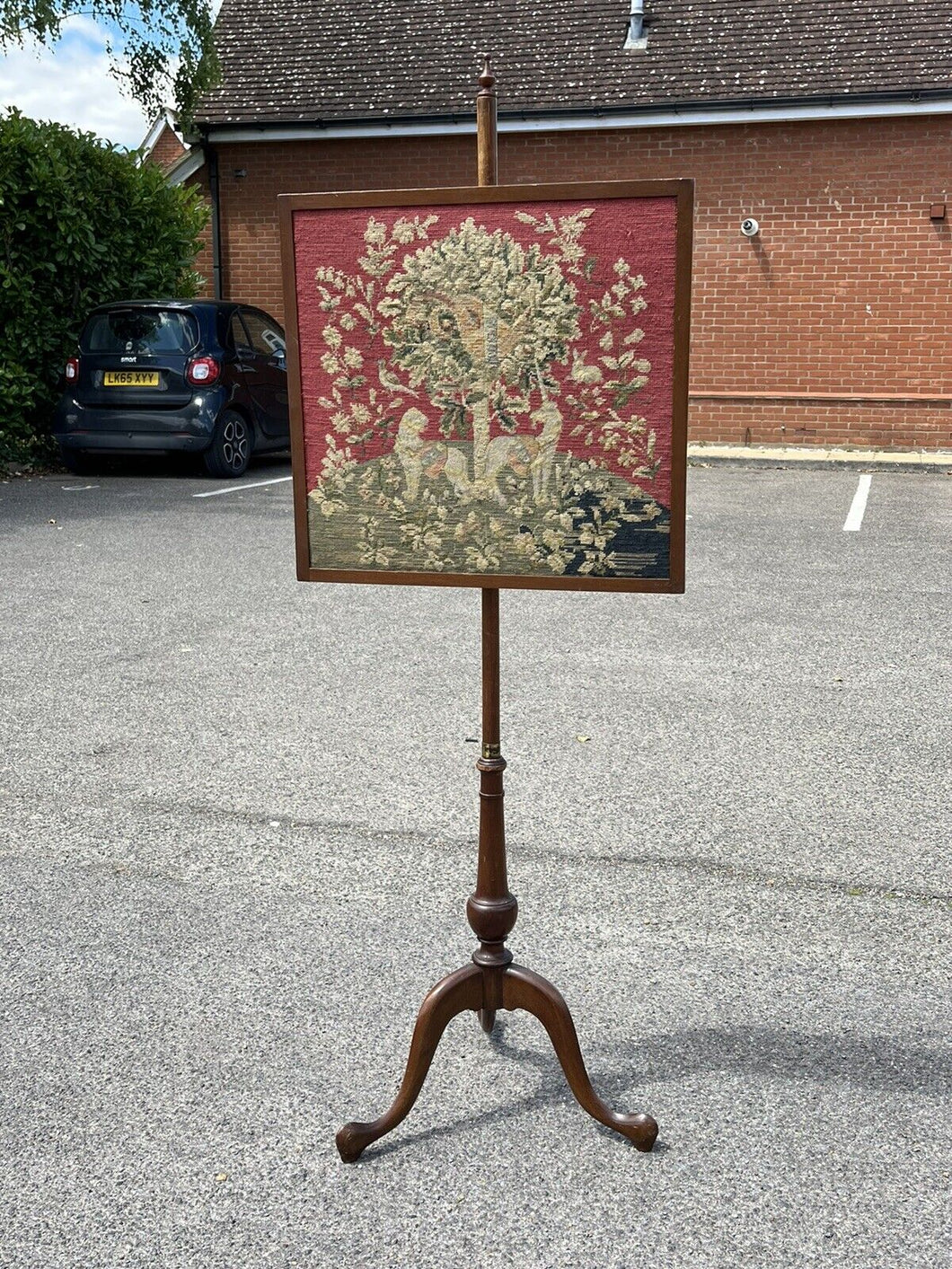 Antique fire screen with tapestry, fully height  adjustable
