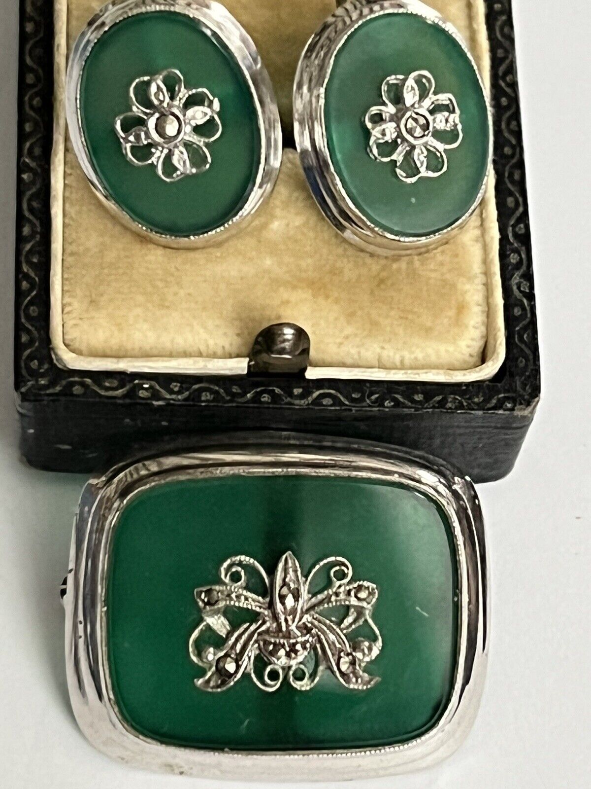 Vintage Silver 925 Green Onyx Marcasite Brooch And Screwback Earring Set