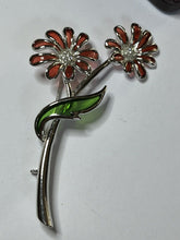 Vintage Silver Tone Plaque A Jour Red Flowers Brooch