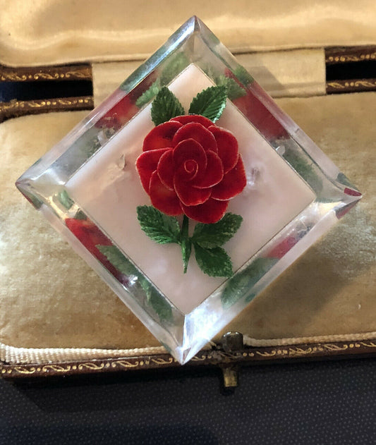Vintage Reverse Carved Rose Acrylic Lucite Brooch