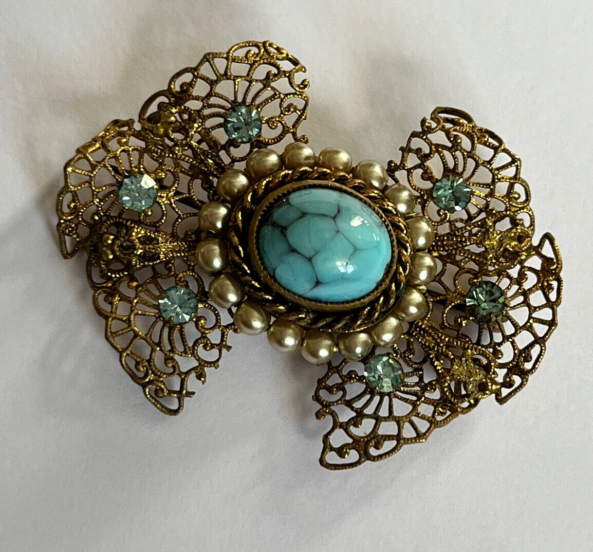 Vintage Gold Tone Filigree Diamanté Faux Turquoise Brooch