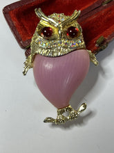 Vintage Gold Tone Pink Red Statement Owl Brooch