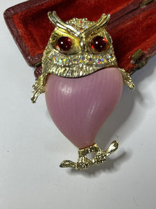Vintage Gold Tone Pink Red Statement Owl Brooch