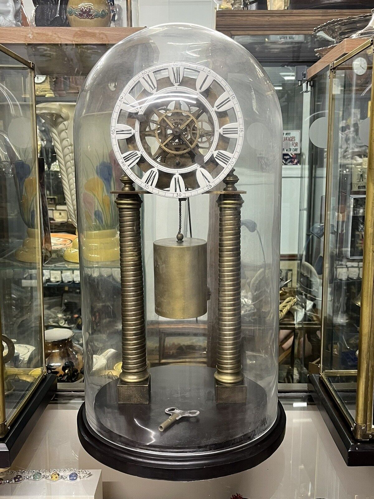 Skeleton Clock With Glass Dome. With Key. Large & Impressive