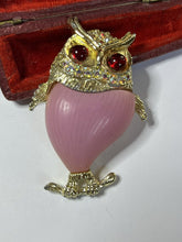 Vintage Gold Tone Pink Red Statement Owl Brooch