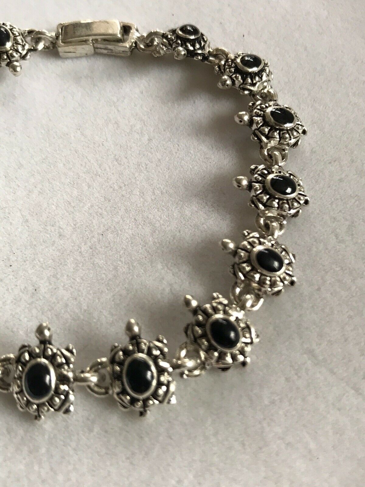 Vintage Silver Tone Black Enamel Turtle Bracelet