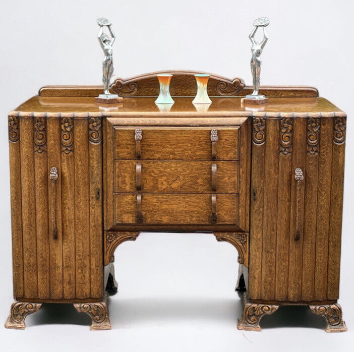 Art Deco Oak Sideboard. Circa 1930’s. Carved With Flowers . Lots Of Storage.