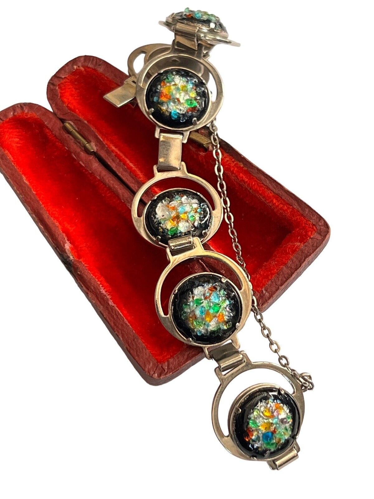 Vintage Multicoloured Glass Silver Tone Bracelet Safety Chain