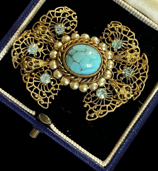 Vintage Gold Tone Filigree Diamanté Faux Turquoise Brooch