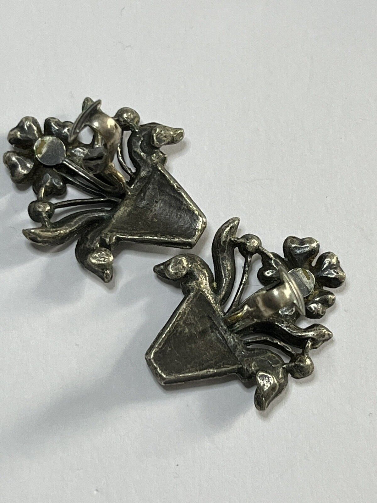 Vintage Unique Silver Tone Marcasite Flower Pot Clip On Earrings