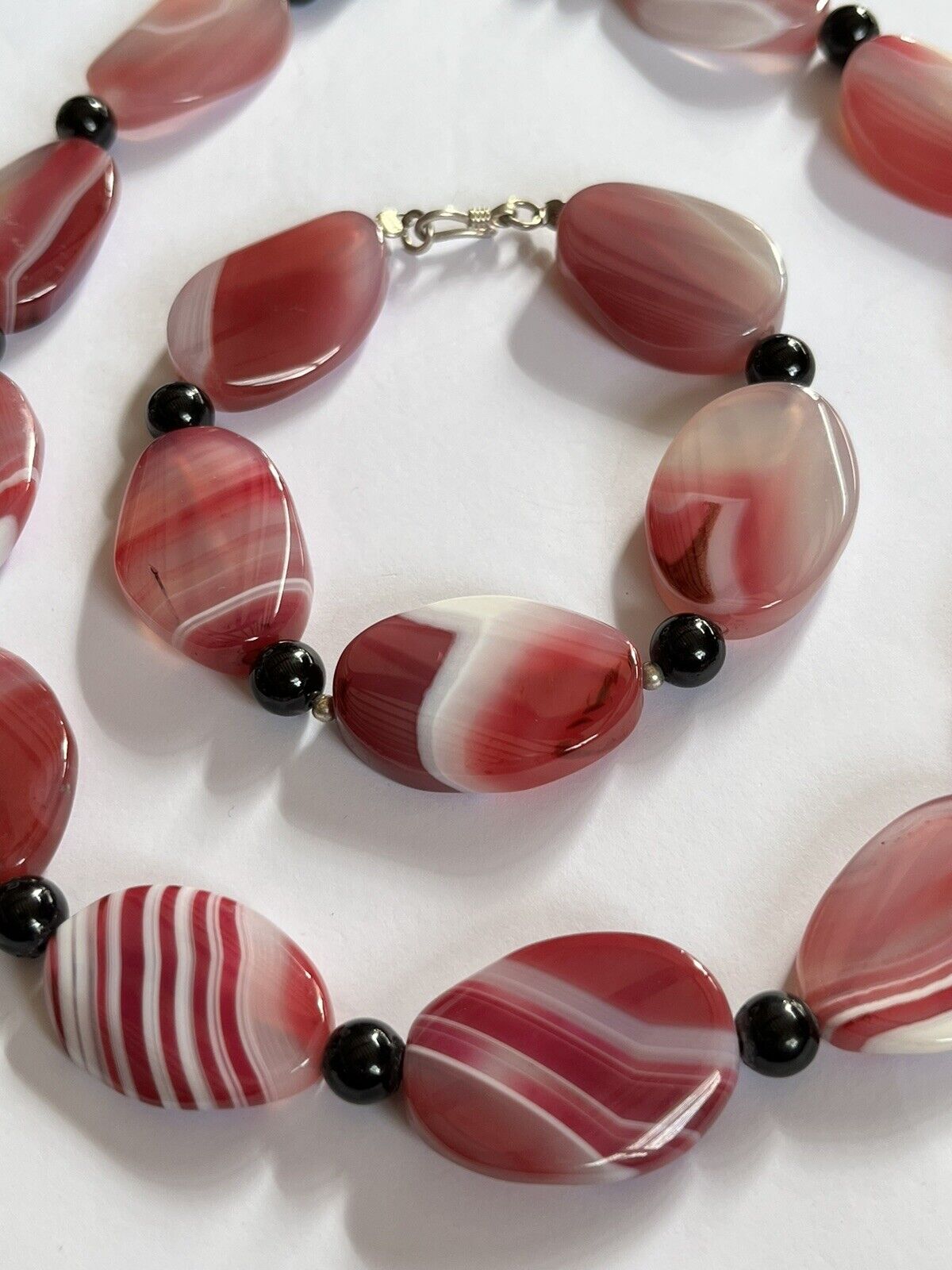 Vintage Pink Agate Stone Necklace Bracelet Set Statement Pieces