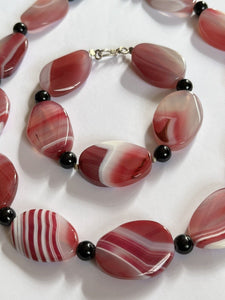 Vintage Pink Agate Stone Necklace Bracelet Set Statement Pieces