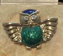 Vintage Gold Tone Diamanté Enamelled Owl Brooch