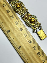 Vintage Gold Tone Filigree Diamanté Pink Orange Green Flowers Bracelet