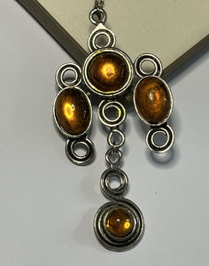 Vintage Burnt Orange Cabochon Stone Drop Statement Pendant Necklace