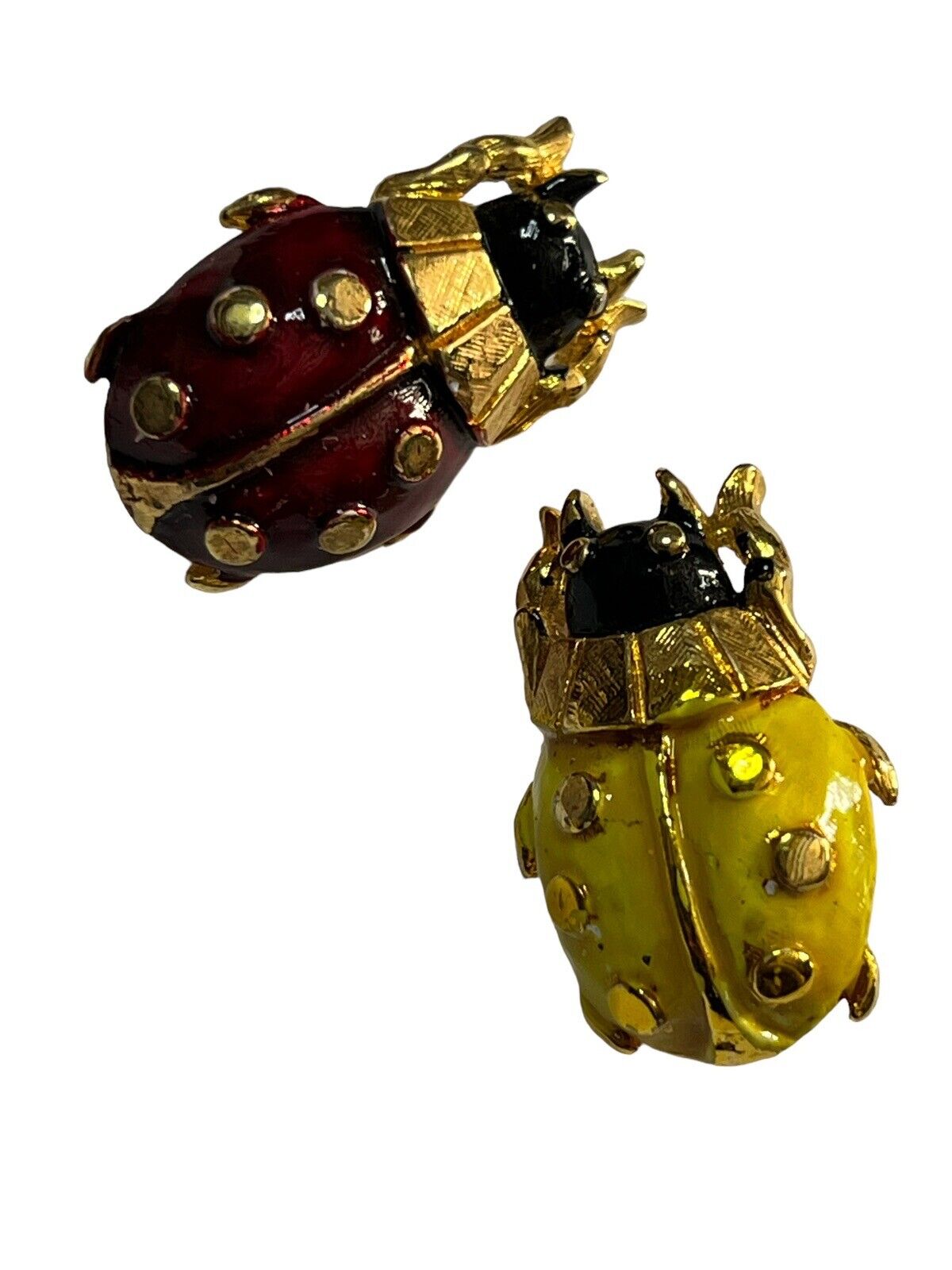 Vintage Ladybird Red Yellow Enamel Set Of 2 Brooches