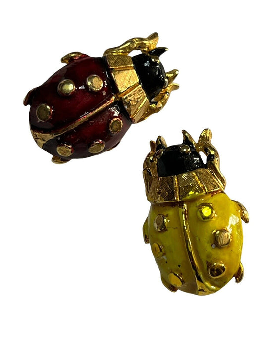 Vintage Ladybird Red Yellow Enamel Set Of 2 Brooches