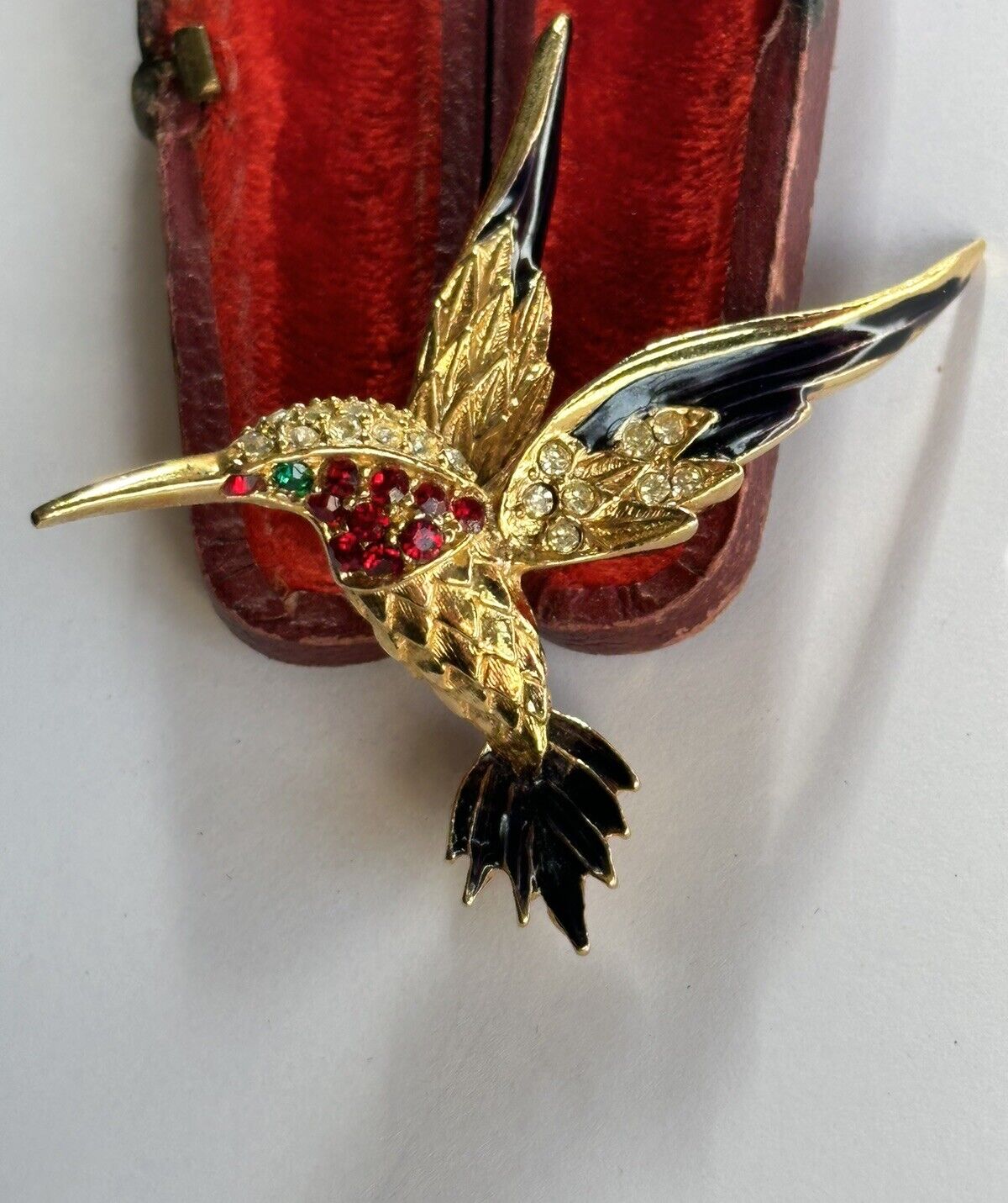 Vintage Gold Plated Red Diamanté Black Enamel Bird Brooch