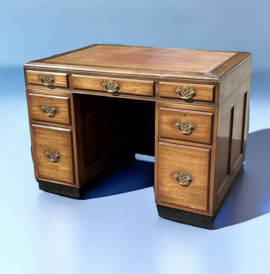 Mahogany  Desk, Brass Handles, Panelled Sides & Rear.