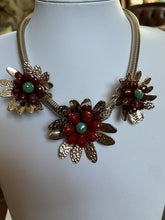 Vintage Statement 1980s Gold Tone Red Flowers Necklace