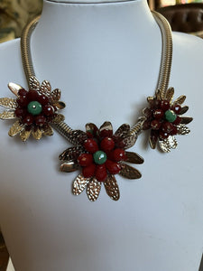 Vintage Statement 1980s Gold Tone Red Flowers Necklace