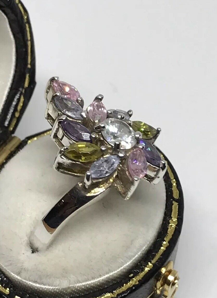 Coloured Rocks Silver Statement Multi Coloured Gem Crystal Ring