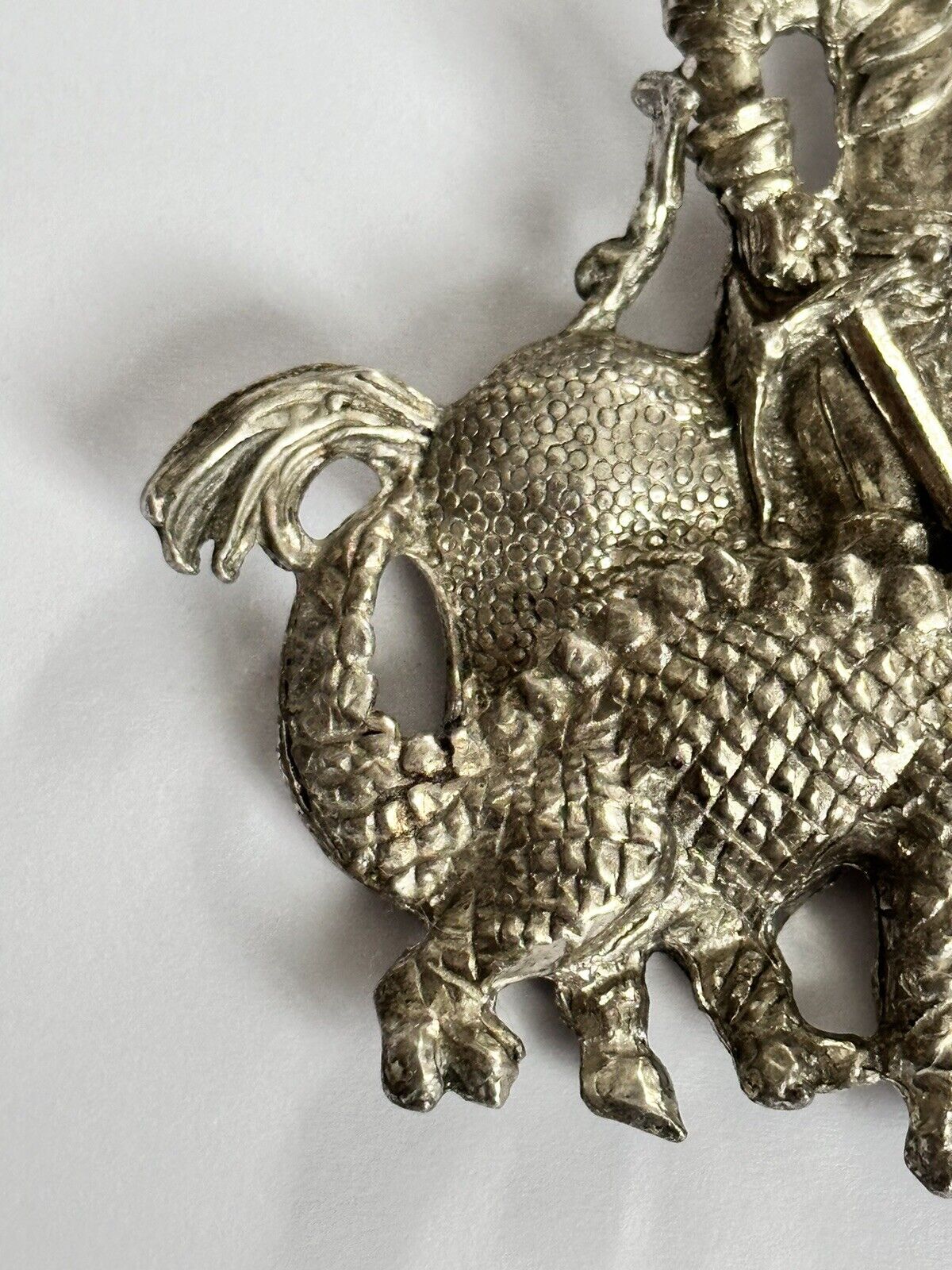 Vintage Silver Tone Knight Dragon Slayer Large Brooch