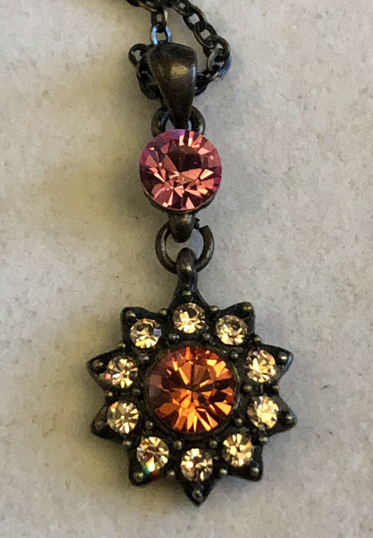 Vintage Flower Diamanté Pink Orange Drop Necklace